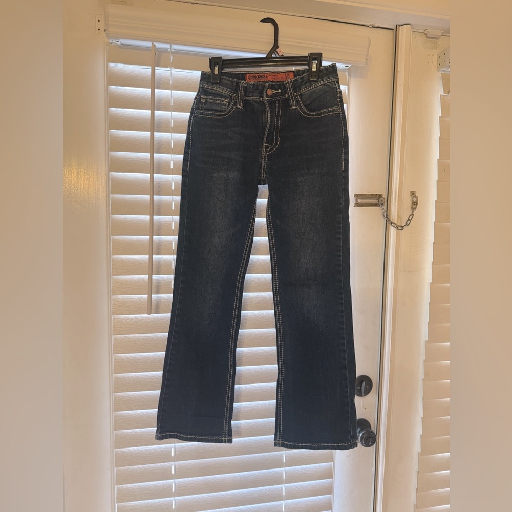 Boy’s dark denim blue jean pants. 
Size: 10 
Regular fit.
Rock&Roll Denim.